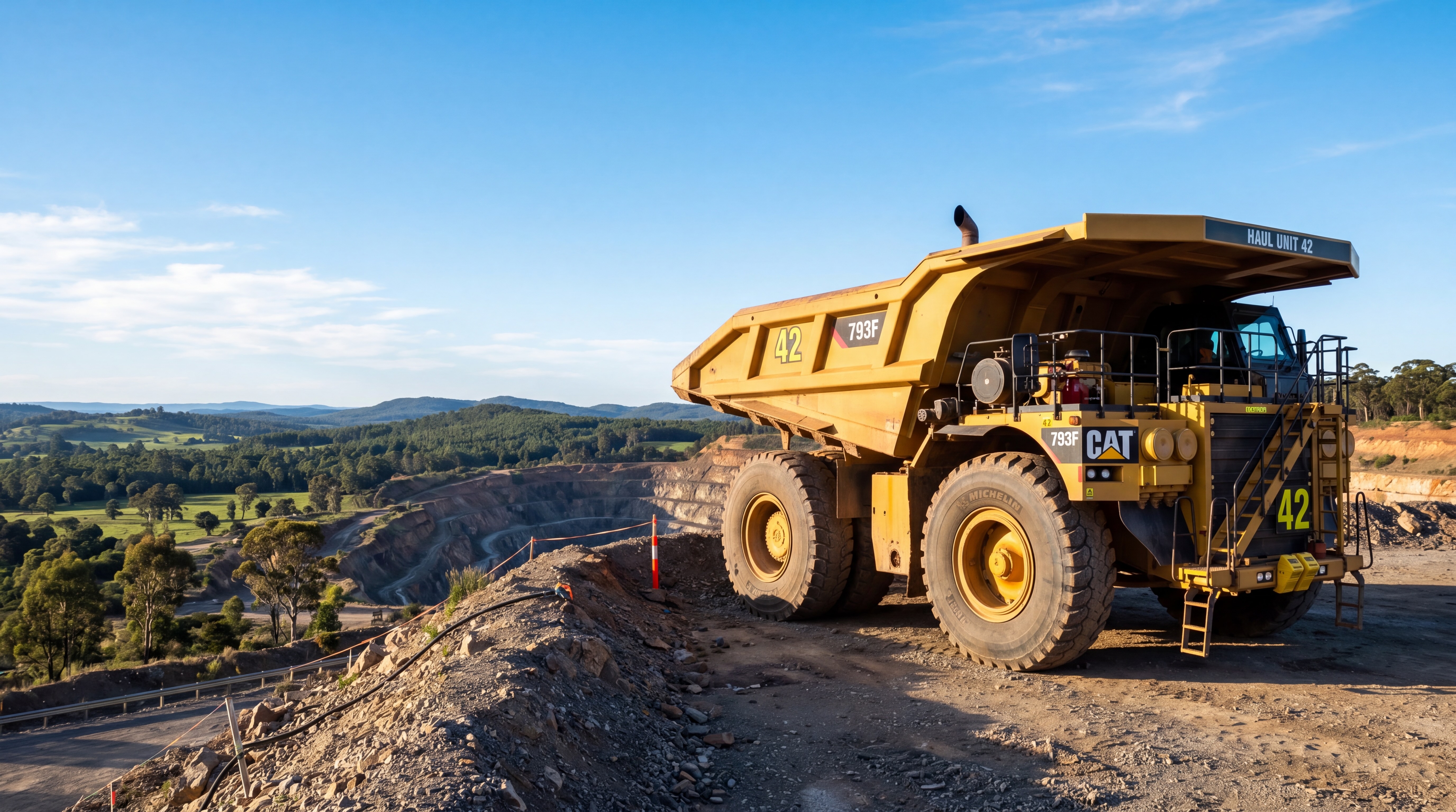 CAT 793F mining haul truck overlooking a green Australian landscape - representing cleaner heavy diesel fleets with HYDI