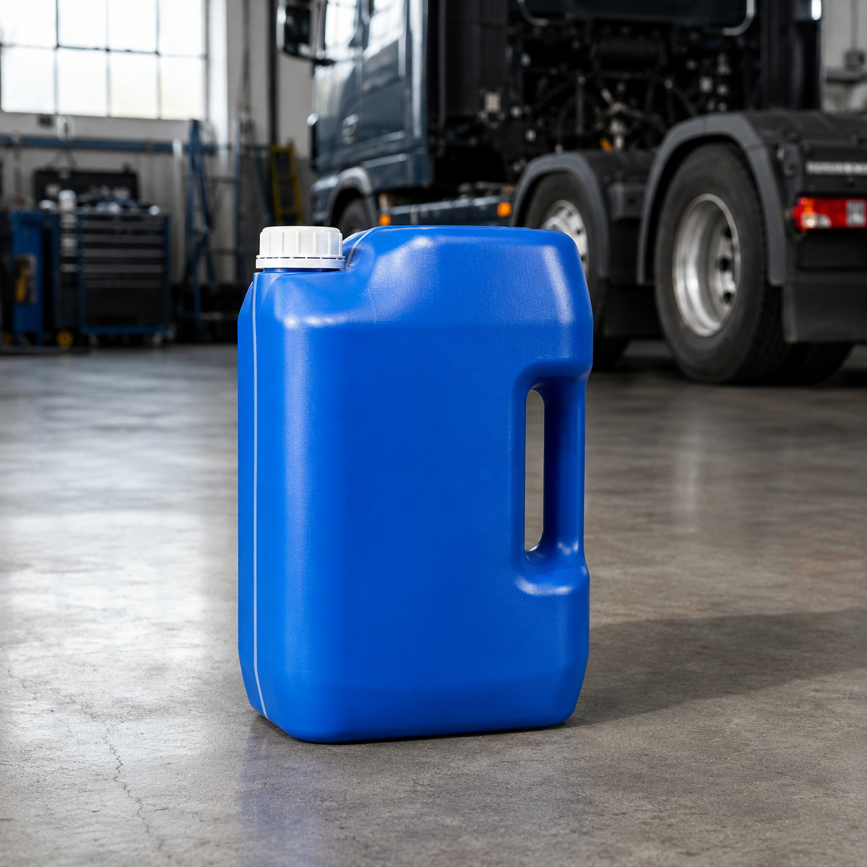 AdBlue jerry can in a truck workshop